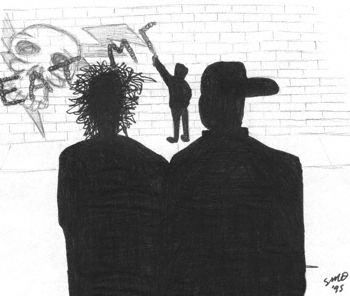 A couple of gangsters come apon a street urchin marking graffitti over their graffiti.