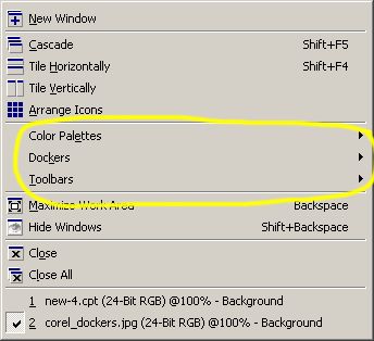 Menus available under the Window button in PHOTO-PAINT. Toolbars, dockers and color palettes are available here.